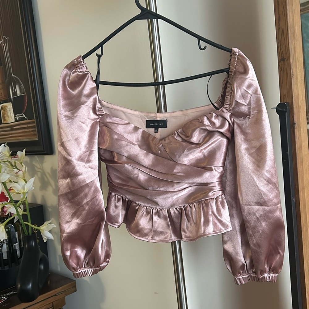 Majorelle Satin Crop Top Long Sleeve Blouse